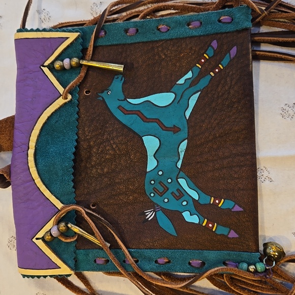 Native American Turquoise and Purple Fringed Horse Equestrian Women's Bag - Picture 5 of 5